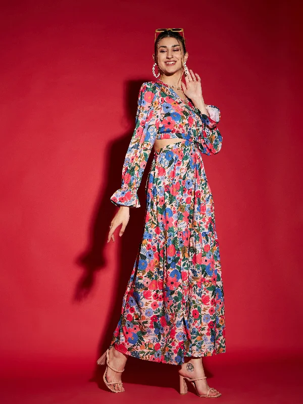 Women Multi Floral Waist Cut-Out Maxi Dress