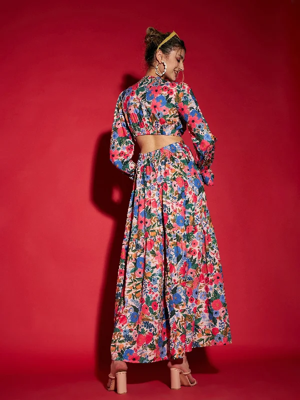 Women Multi Floral Waist Cut-Out Maxi Dress