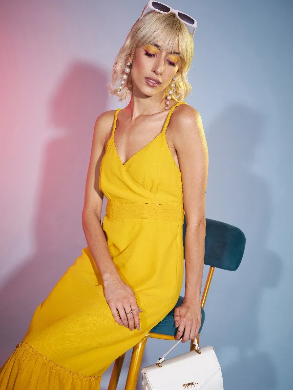 Women Mustard Strappy Wrap Neck Maxi Dress