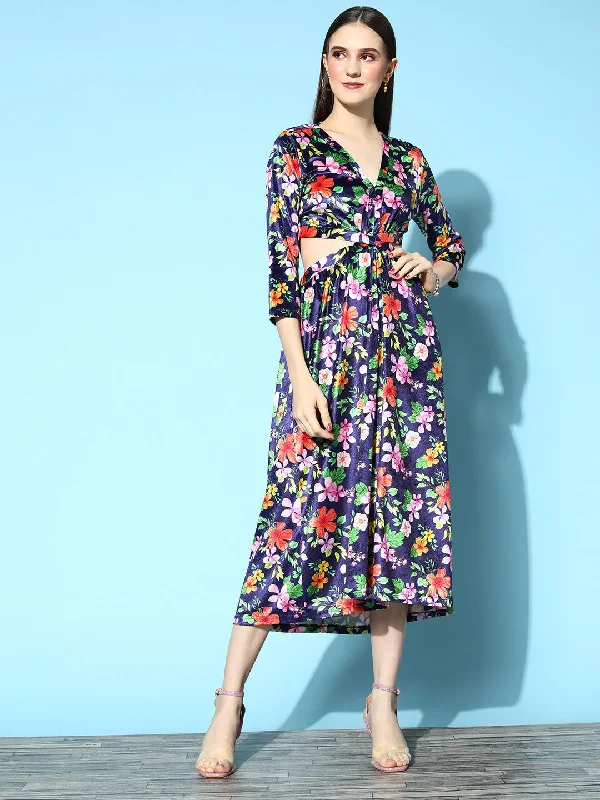 Women Navy Floral Velvet Side Cut-Out Midi Dress