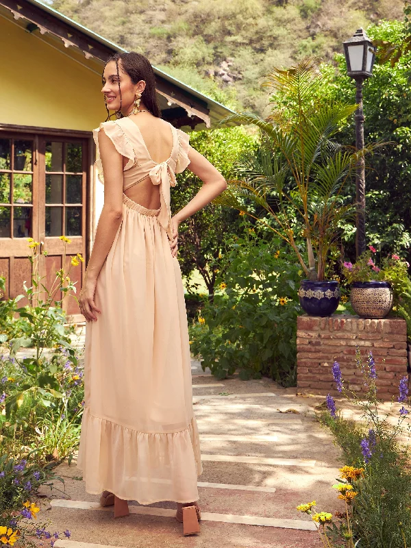 Women Nude Square Neck Frill Hem Maxi Dress