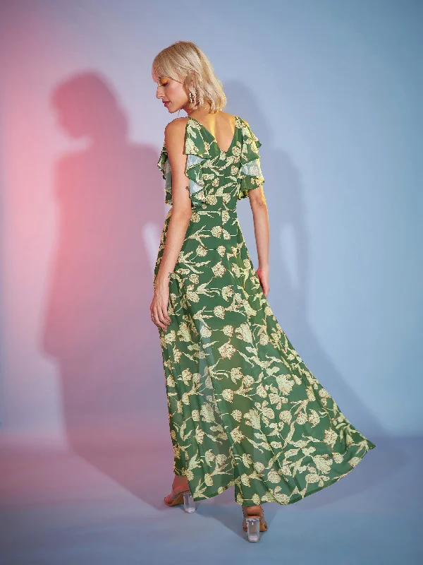 Women Olive Floral Frill Sleeve Maxi Dress