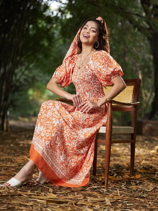 Women Orange Floral Puff Sleeve A-Line Midi Dress