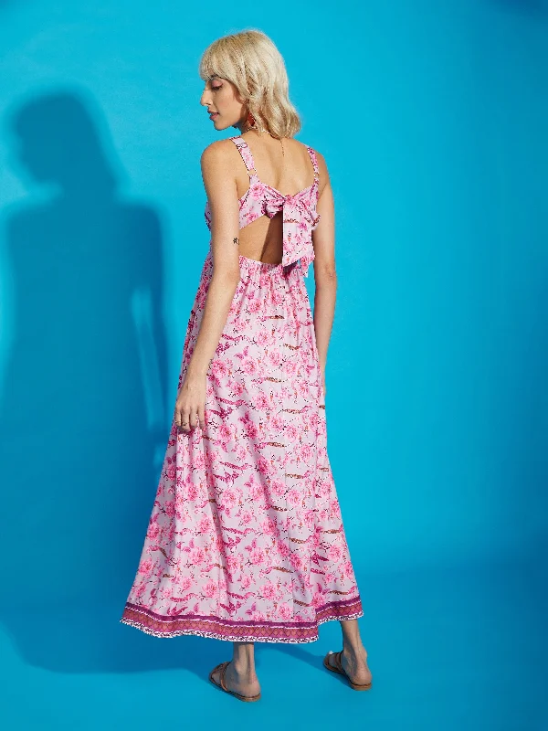 Women Pink Floral Strappy Sweetheart Neck Maxi Dress