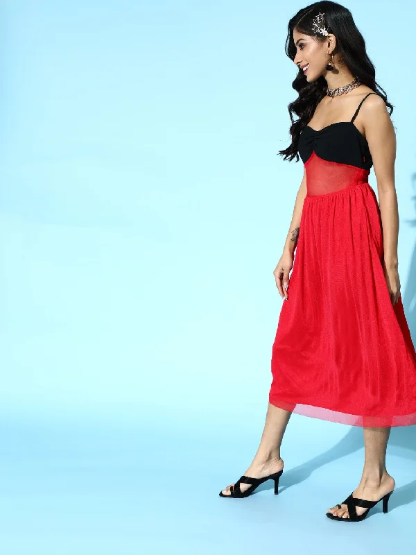 Red Mesh Strappy Midi Dress