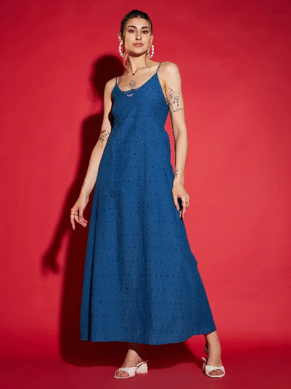 Women Royal Blue Schiffli Strappy Maxi Dress