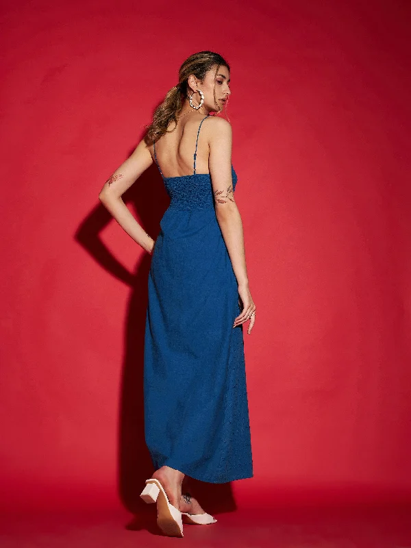 Women Royal Blue Schiffli Strappy Maxi Dress