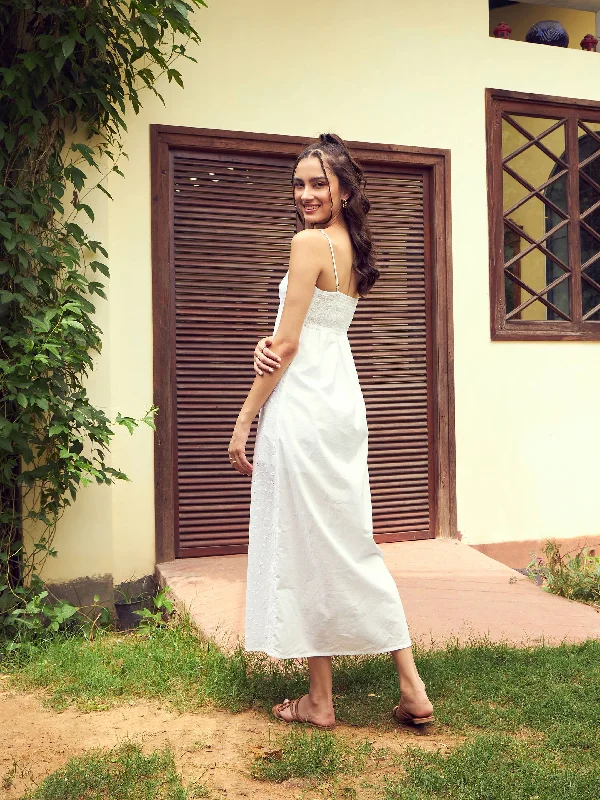 Women White Schiffli Strappy Maxi Dress