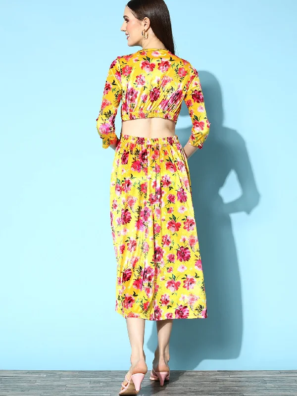 Women Yellow Floral Velvet Side Cut-Out Midi Dress