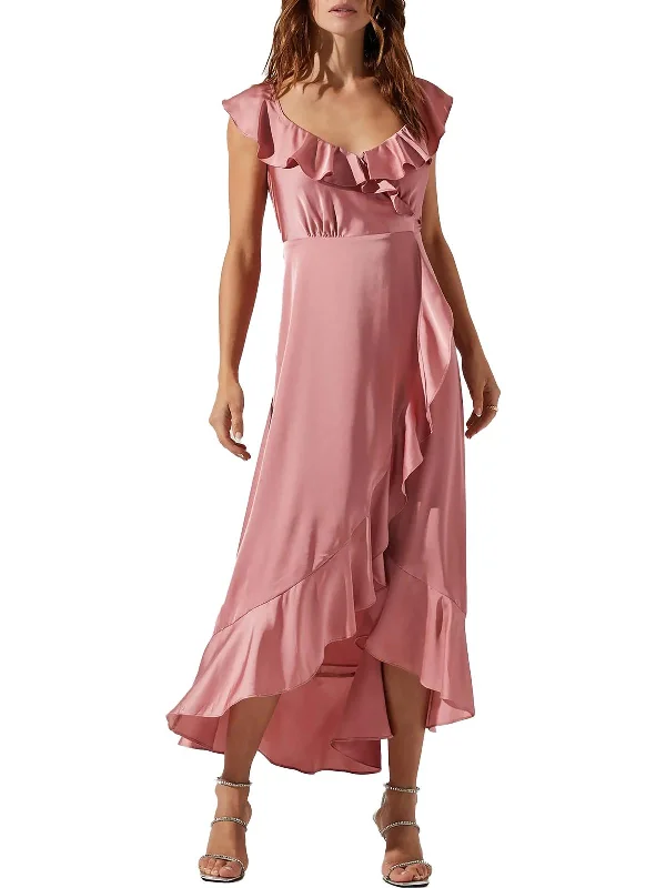 Womens Satin Midi Wrap Dress