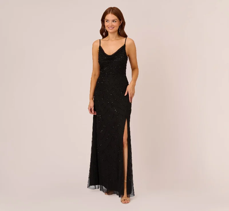 Art Deco Beaded Mermaid Gown With Cowl Neckline In Black