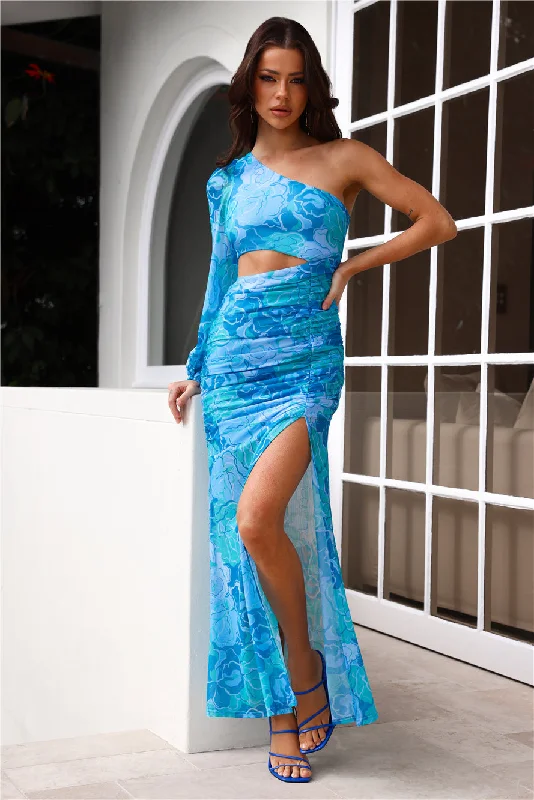 Island Wedding One Shoulder Maxi Dress Blue