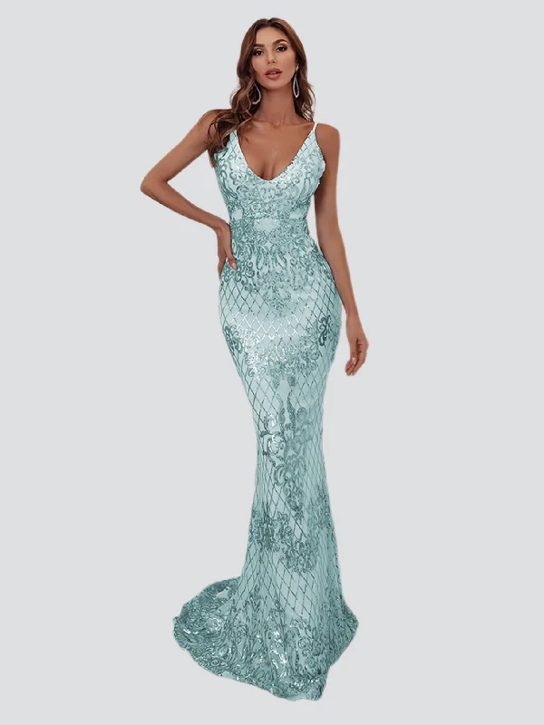 Mermaid Spaghetti Sequin Evening Dress M0645