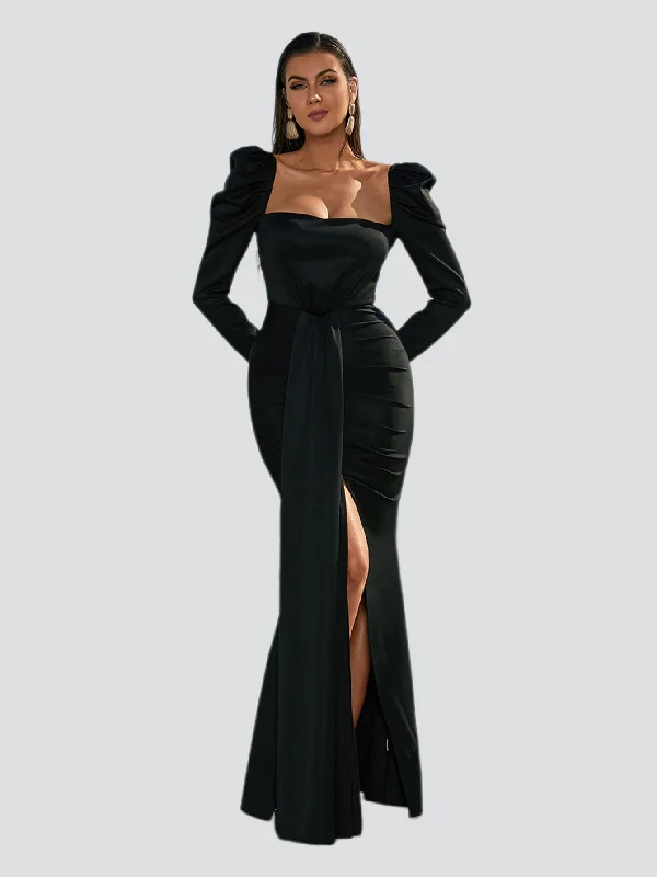 Puff Long Sleeve Split Black Mermaid Prom Dress XJ979