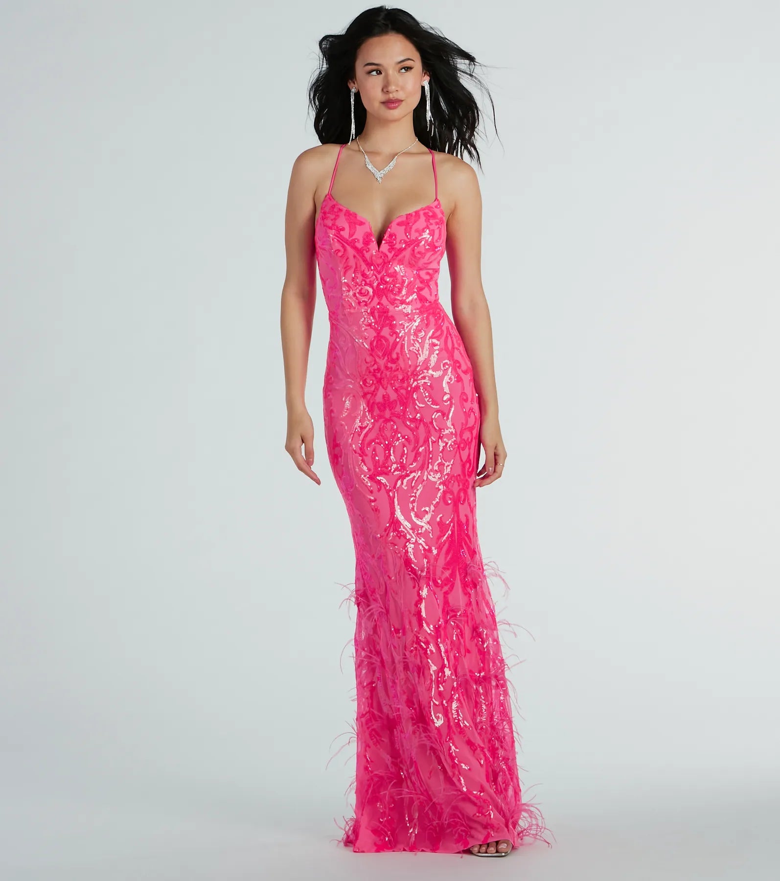 Nina Lace-Up Feather Mermaid Sequin Formal Dress