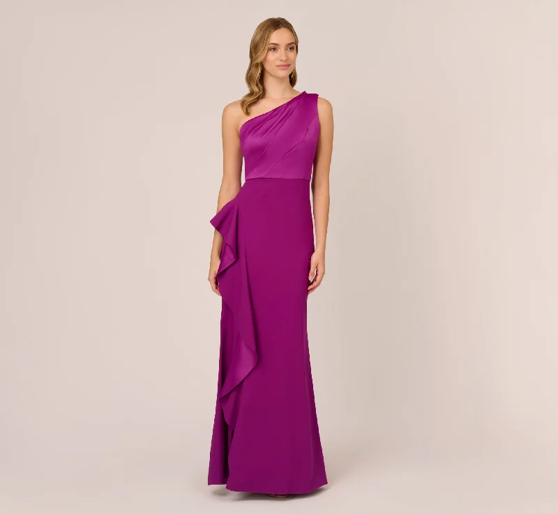 One-Shoulder Long Satin Crepe Mermaid Gown In Wild Orchid