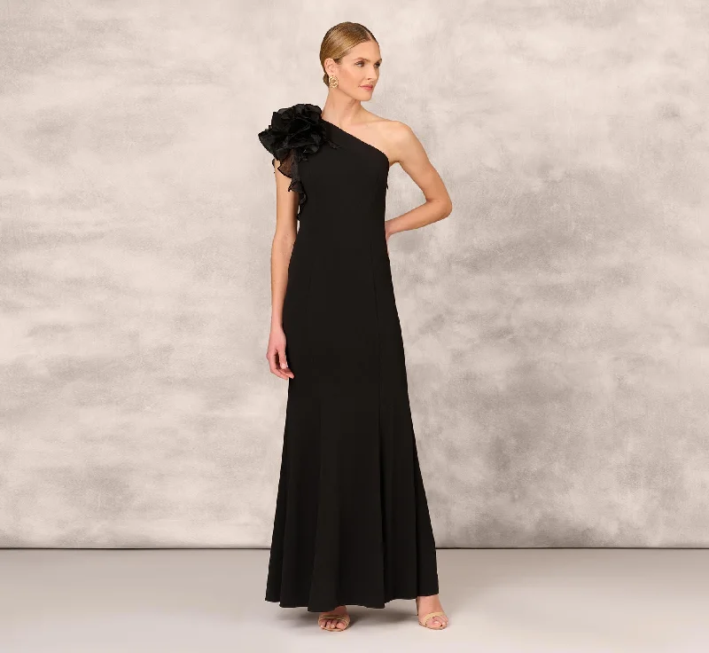 One Shoulder Mermaid Dress With Organza Sleeve In Black