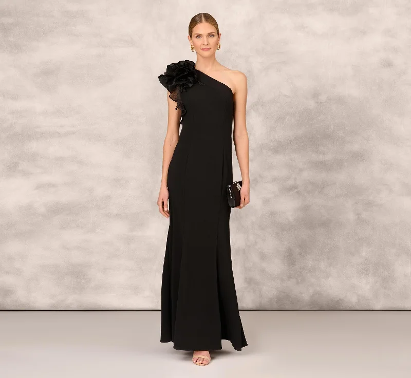 One Shoulder Mermaid Dress With Organza Sleeve In Black