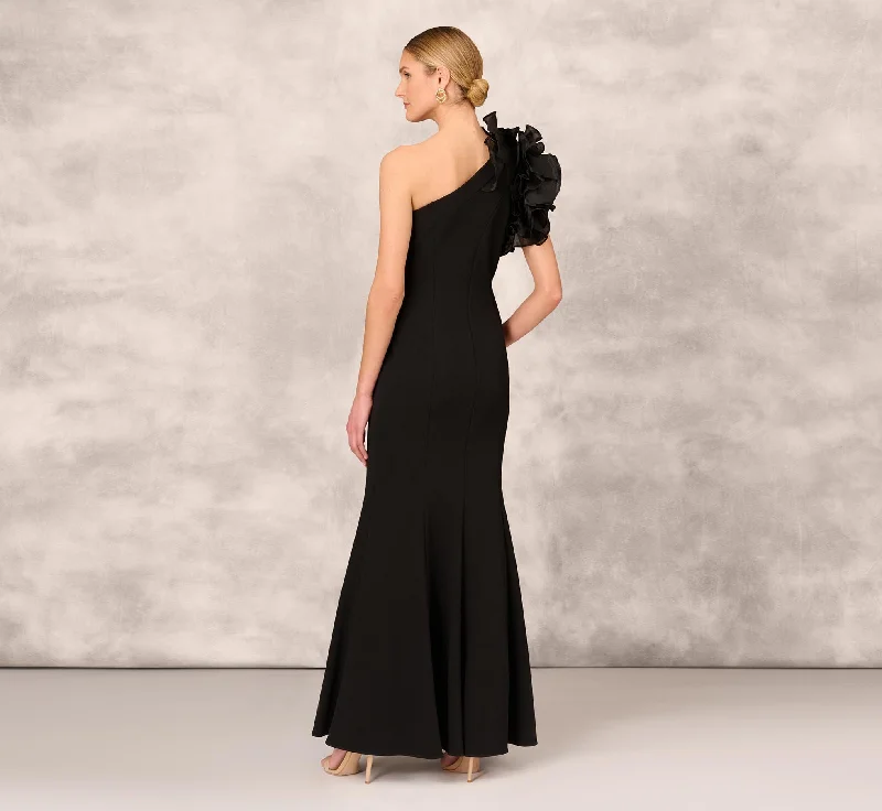 One Shoulder Mermaid Dress With Organza Sleeve In Black