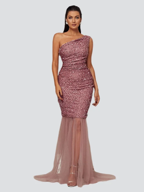 One Shoulder Mermaid Pink Sequin Prom Dress WY37