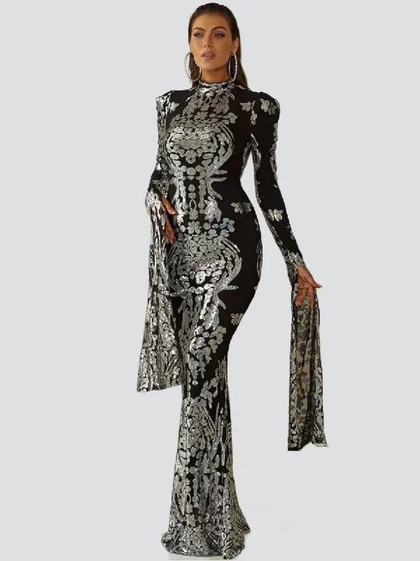 Stand Collar Long Sleeve Mermaid Sequin Prom Dress XJ1262