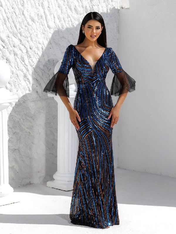 V-Neck Backless Mermaid Sequin Maxi Dress RM20946