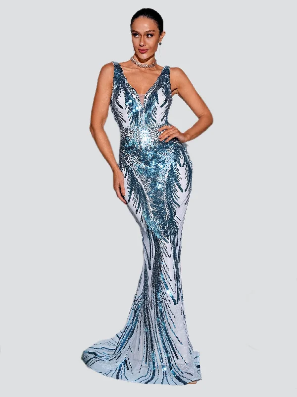 V-neck Sleeveless Mermaid Blue Sequin Formal Dress RM21551