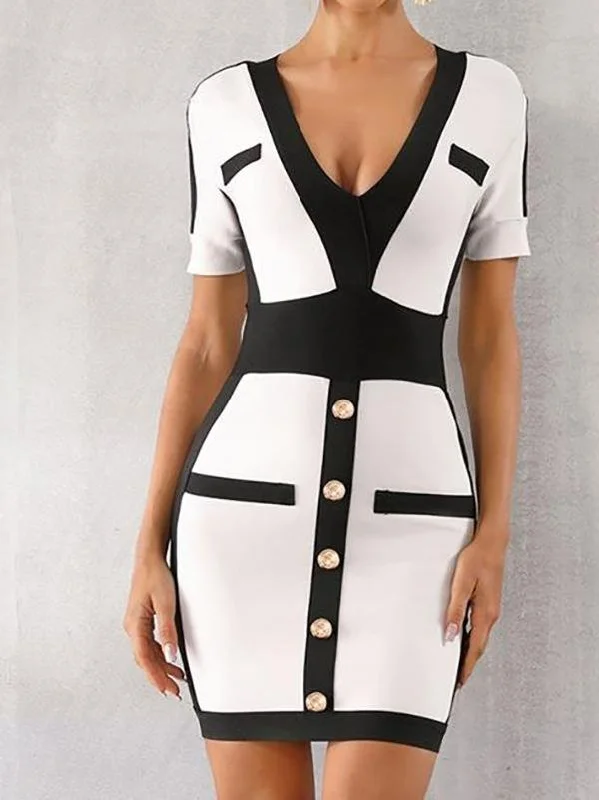 Button Detail Two Tone Bodycon Dress