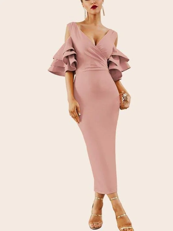 Cold Shoulder Layered Ruffle Sleeve Slit Hem Dress