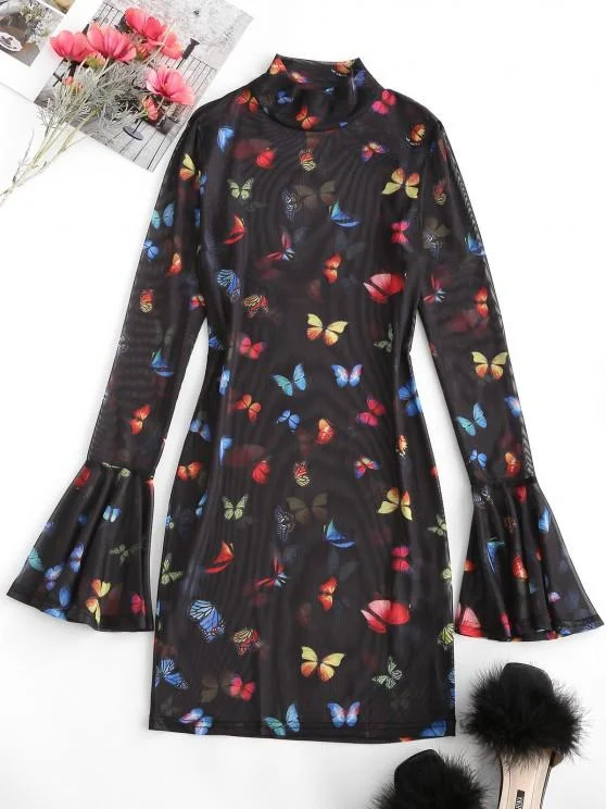 Flare Sleeve Mesh Butterfly Print Bodycon Dress