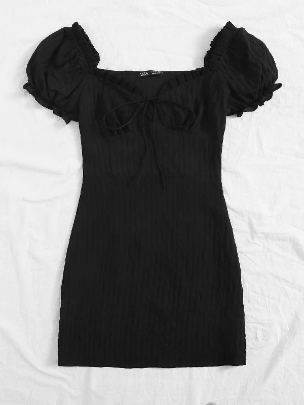 Frill Trim Tie Front Crinkle Dress