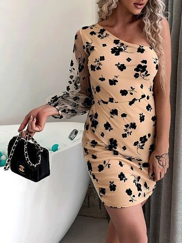 One Shoulder Floral Mesh Dress