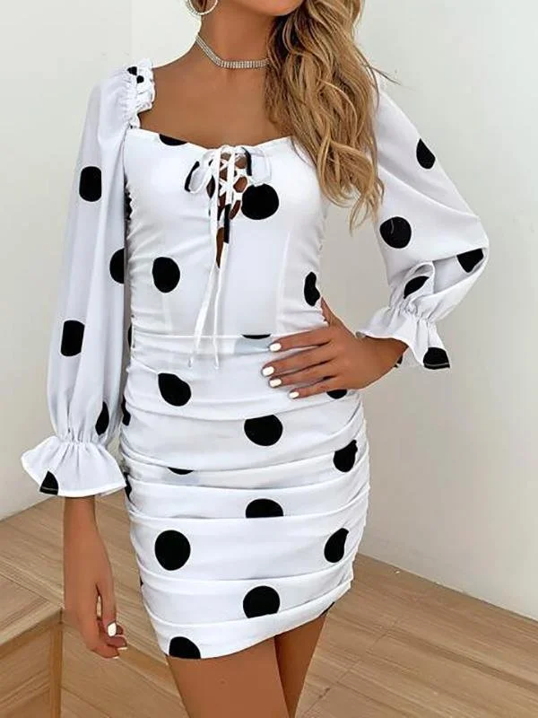 Polka Dot Print Lace Up Ruched Dress