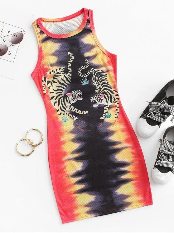 Ribbed Tiger Print Tie Dye Bodycon Tank Dress