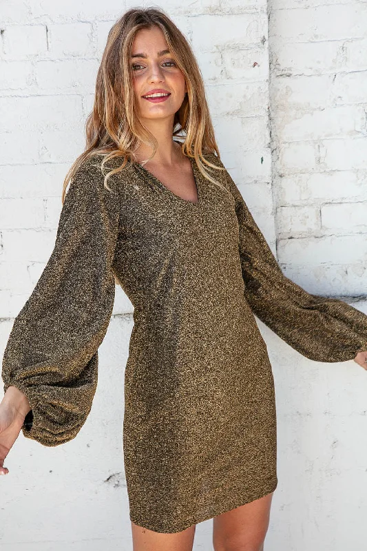 V Neck Bubble Sleeve Gold Glitter Bodycon Dress