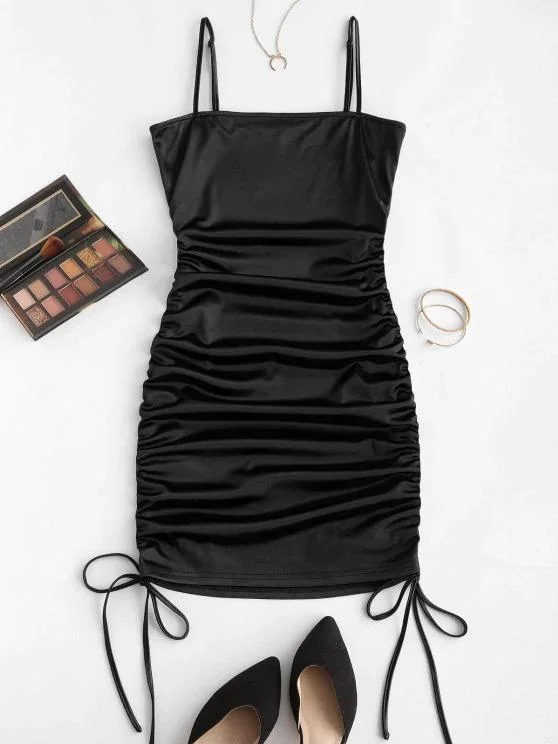 Spaghetti Strap Cinched Satin Bodycon Dress