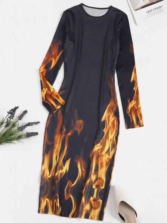 Long Sleeve Hot Flame Print Bodycon Dress