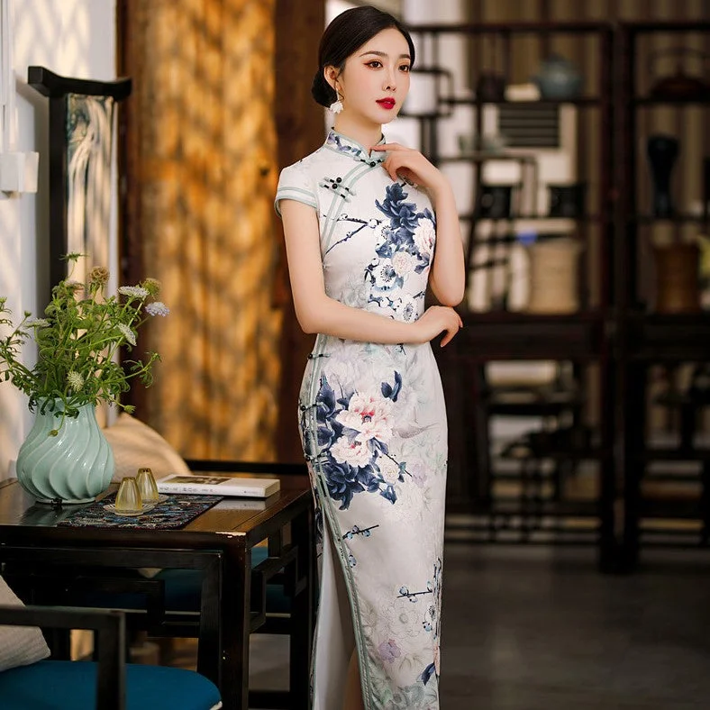 Cap Sleeve Traditional Floral Cheongsam A-Line Chinese Dress