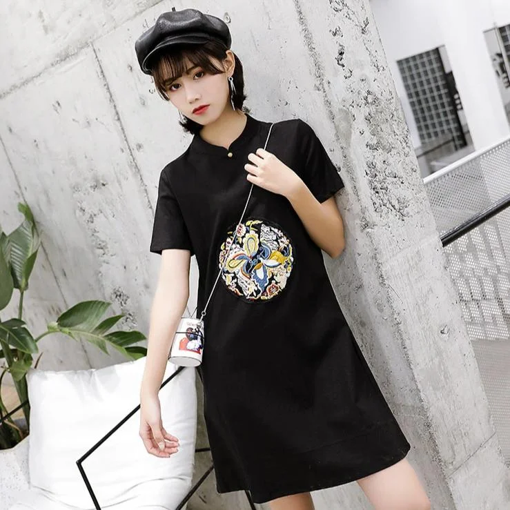 Mandarin Collar Auspicious Embroidery Chinese Style Casual Dress