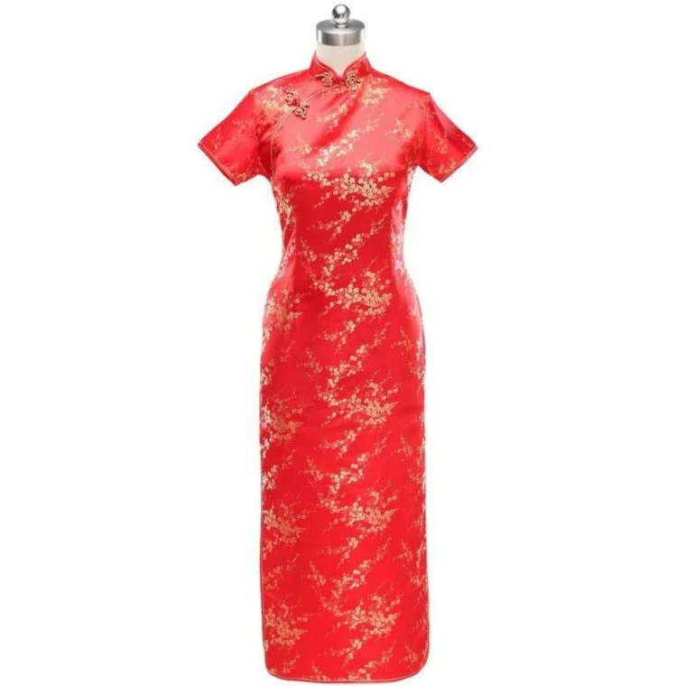 Short Sleeve Brocade Traditional Cheongsam Floral Chinese Dress