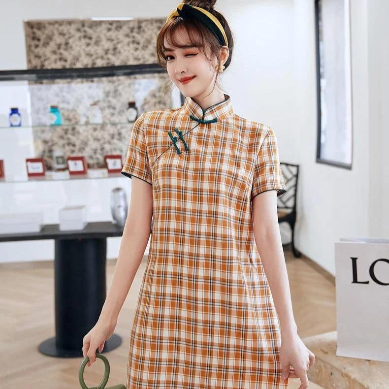 Signature Cotton Modern Cheongsam Chinese Style Plaids Dress