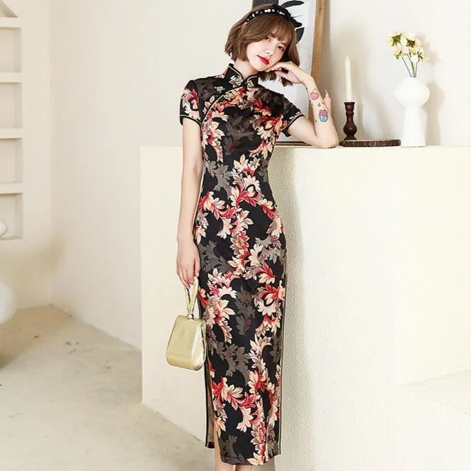 Traditional Cheongsam Full Length Floral Silk Chinese Dress