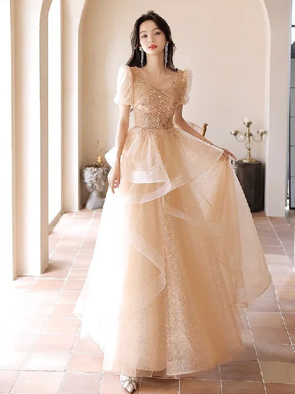 A-Line Champagne Tulle Lace Long Prom Dress, Champagne Long Formal Dress