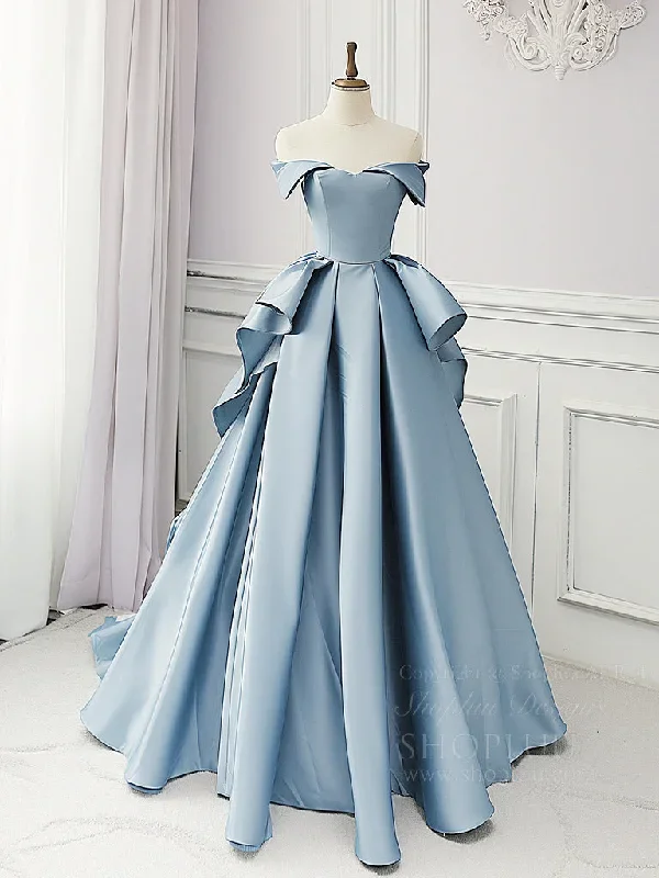 Simple A-Line Satin Blue Long Prom Dress, Blue Satin Long Formal Dress