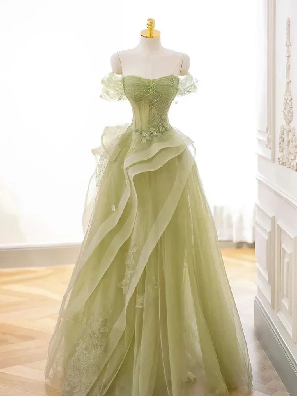 A-Line Off Shoulder Tulle Lace Green Long Prom Dress, Green Lace Long Formal Dress