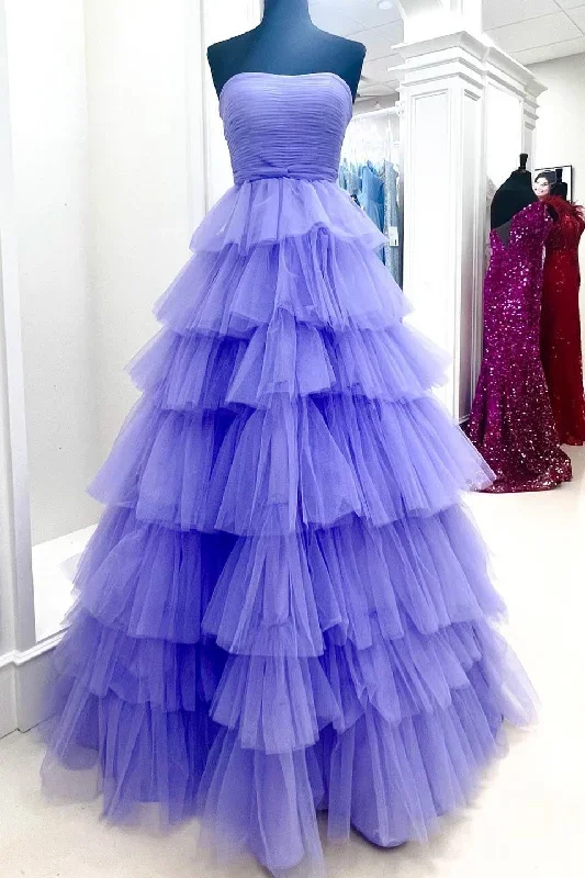 A-line Strapless Pleated Multi-Layers Tulle Long Prom Dress