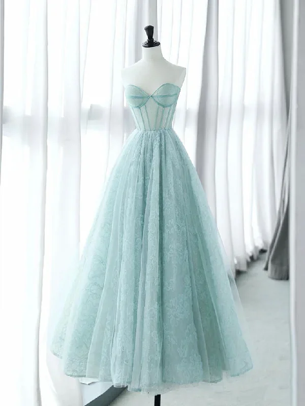 A-Line Sweetheart Neck Tulle Lace Blue Long Prom Dress, Blue Long Formal Dress