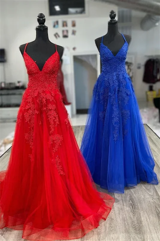 a-line-v-neck-red-tulle-applique-long-prom-dress-with-slit