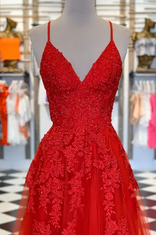 a-line-v-neck-red-tulle-applique-long-prom-dress-with-slit