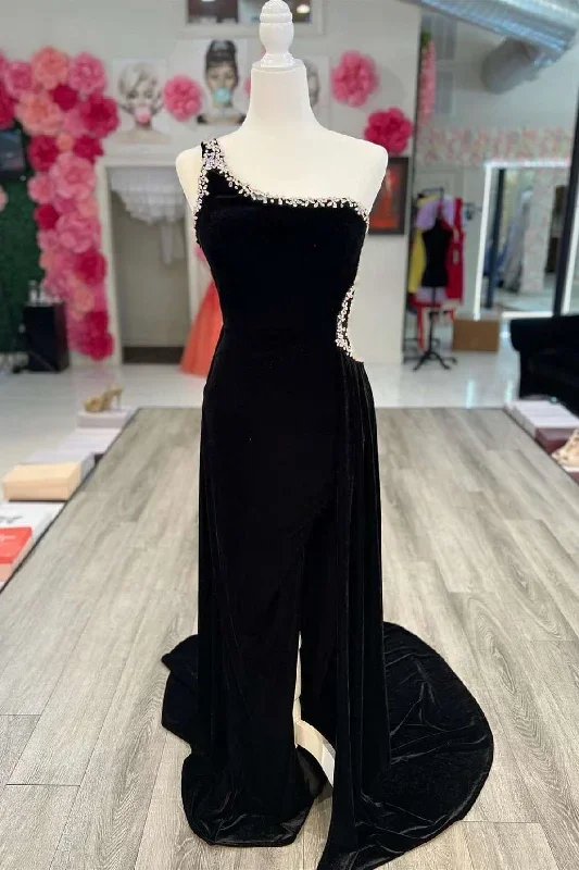 Black Velvet One-Shoulder Beaded Long Formal Dress